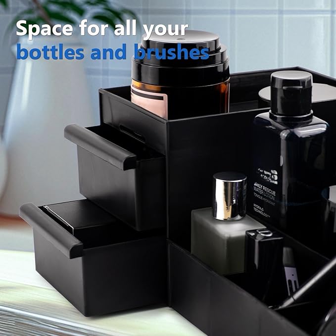 Black Cologne Organizer for Men - Large Countertop Organizer with Drawers for Cologne, Perfume, Shaving & Skincare - Bathroom & Vanity Storage, Ideal Gift for Boyfriend, Husband, Dad & Friends
