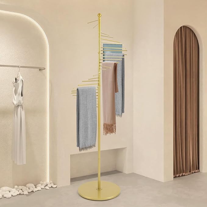 Freestanding Scarf Racks, Spiral Scarf Organizer Stand with 30 Hanger Rods, Metal Scarf Display Holder with Heavy Base for Clothing Store for Space Saving Shelves (Gold)