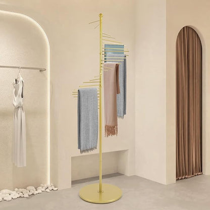 Freestanding Scarf Racks, Spiral Scarf Organizer Stand with 30 Hanger Rods, Metal Scarf Display Holder with Heavy Base for Clothing Store for Space Saving Shelves (Gold)