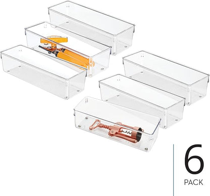 iDesign Plastic Drawer Organizer Bins - Storage for Kitchen, Bathroom, and Desk Drawers - Set of 6 - Clear