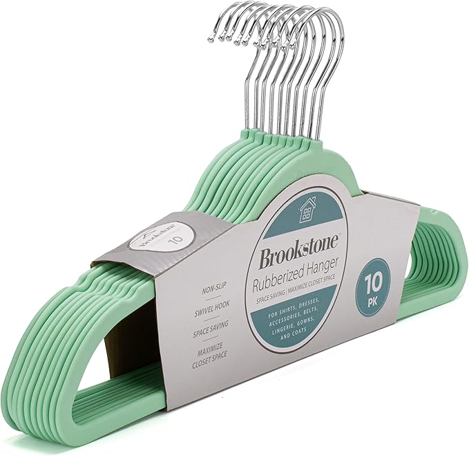 BROOKSTONE, 10 Pack [Non-Slip] High Grade Rubber Coated Plastic Hangers, Ultra Slim Lightweight Design, Heavy-Duty, Won’t Stain Fabric, Swivel 360° Hook, Mint Color