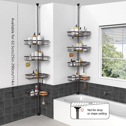 KEGII 4-Tier Corner Shower Caddy Tension Pole - Waterproof Shower Rod Organizer, Floor to Ceiling Tension Rod 25-114.2 inch, Stainless Steel Corner Shower Shelf, Bronze