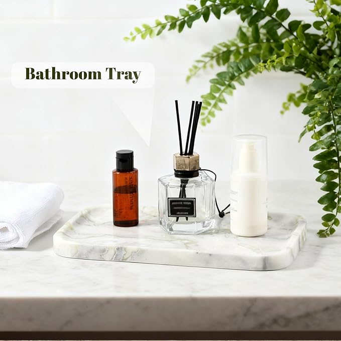 Karibiber Luxury Marble Vanity Tray, Bathroom Tray Countertop, Bianco Marble/Stone, Home Decorative Dresser Organizer, Storage for Kitchen Sink, Perfume Jewelry Holder(Green&White)
