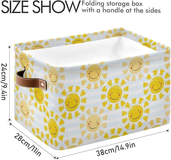 Cute Sunshine Storage Basket Bin, Large Cube Storage Box Canvas Collapsible Storage Organizer for Home Office Closet - 15 L x 11 W x 9.5 H