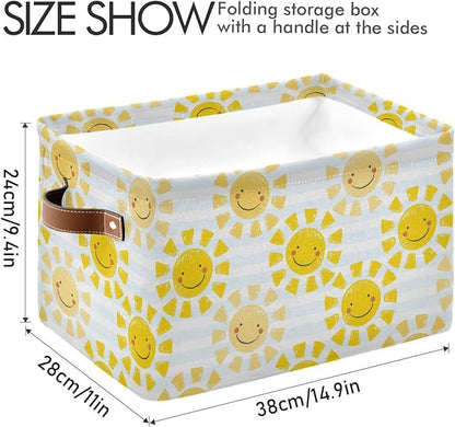 Cute Sunshine Storage Basket Bin, Large Cube Storage Box Canvas Collapsible Storage Organizer for Home Office Closet - 15 L x 11 W x 9.5 H