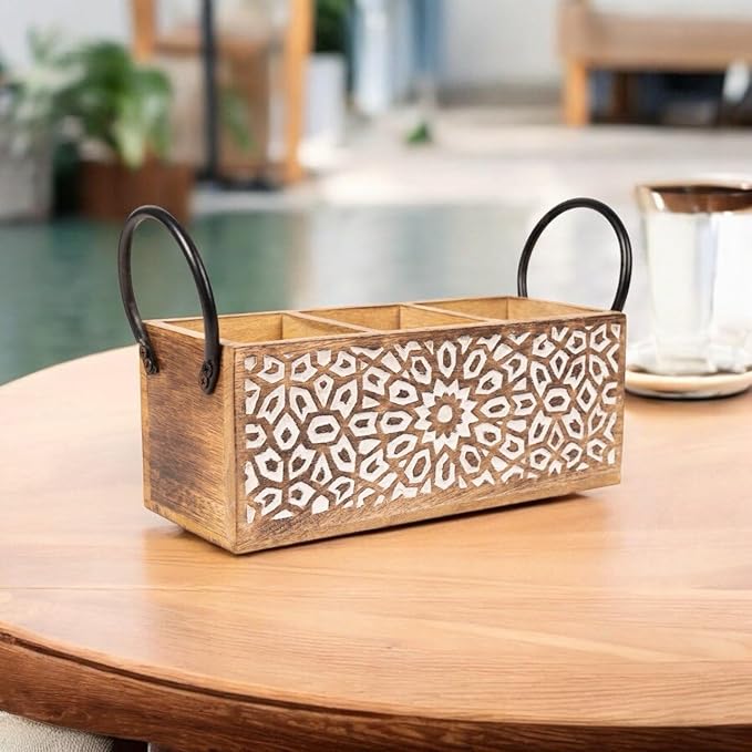 Wooden Utensil Caddy for Kitchen Countertop 3-Slot , Multi-Purpose Wooden Desk Organizer Work Desk, Bathroom, Cutlery Caddy, Office Supplies Organizer – 11 X 4.5 Inches