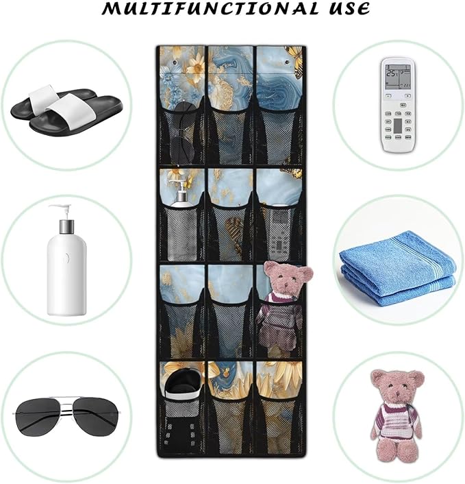 Marble Behind Door Organizer 12 Pockets Blue Over The Door Organizer for School Sunflower Multi-Pocket Organizer Easy to Install Multi-Funtion Storage Bag for Dorm