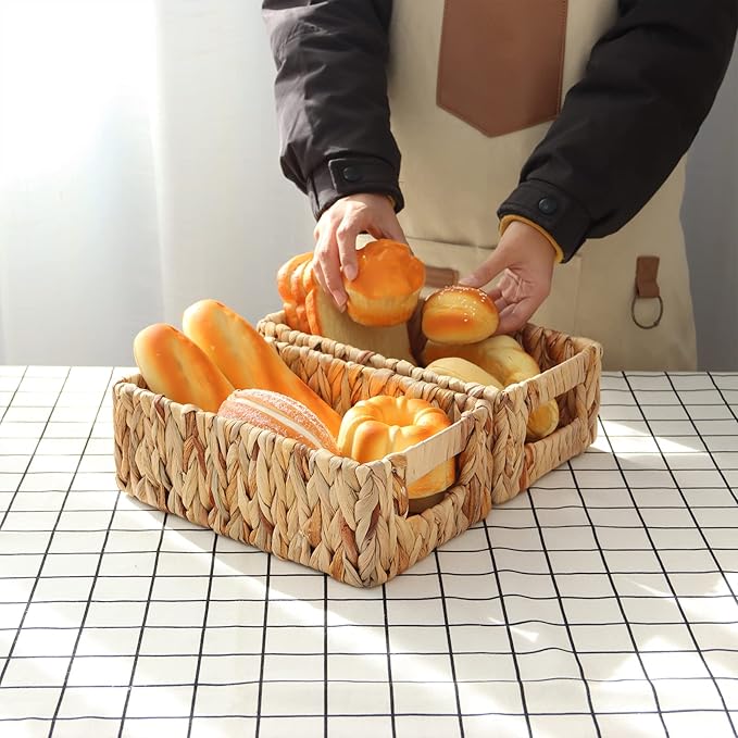YAHUAN Woven Water Hyacinth Baskets for Organizing, Rectangular Wicker Baskets with Built-in Handles, Small Storage Baskets for Shelves (Water Hyacinth 2-Pack)