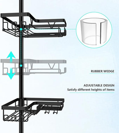 DAOYA Shower Caddy Tension Pole Corner with 4 Removable Baskets & 2 Towel Bar - Expandable Shower Caddy Corner Adjustable 25-114.2 Inches Upgraded Bath Organizer for Tub(Stainless Steel, Black)