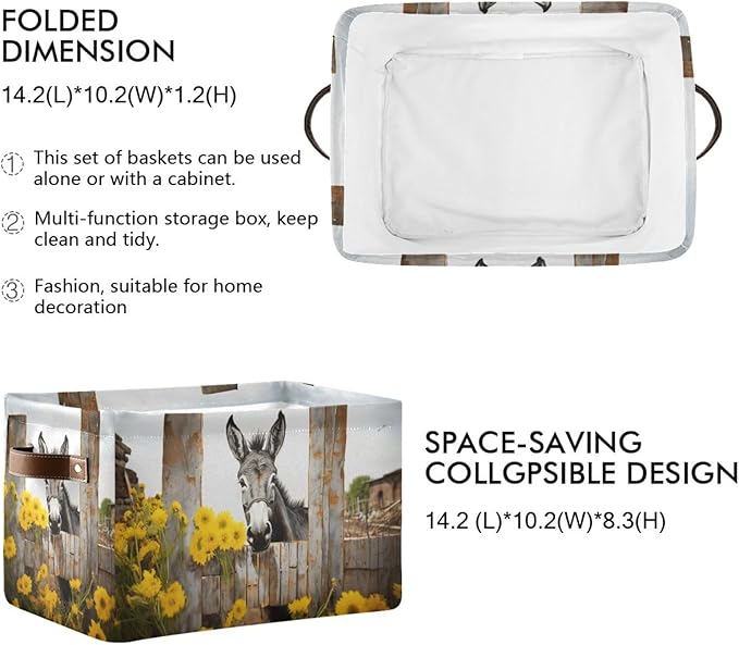 Storage Basket Donkey with Yellow Flowers Durable Canvas Collapsible Toy Box Organizer Bin with Handles for Shelf Closet Bedroom Home Office