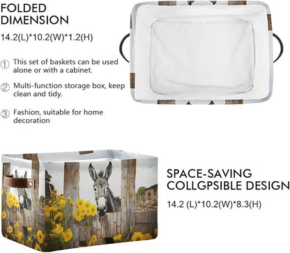 Storage Basket Donkey with Yellow Flowers Durable Canvas Collapsible Toy Box Organizer Bin with Handles for Shelf Closet Bedroom Home Office