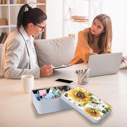 Metal Tin Box Sturdy Metal Storage Box with Lid, Large Container Holder for TCG Cards,Car Keys,Cookies,Tin Containers for Gift,5.0x3.7x1.6 Inch,Exquisite Pattern Design(Bee Sunflowers)