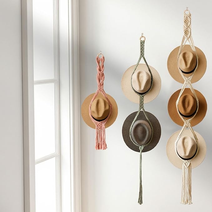 Boho Hat Organizer Rack, Macrame Hat Hanger, Handmade Hat Holder for Wall Hanging, Hat Storage for Wide-Brim Hats, Bohemian Hat Display for Bedroom, Living Room, Office(3 Styles & 3 Colors)