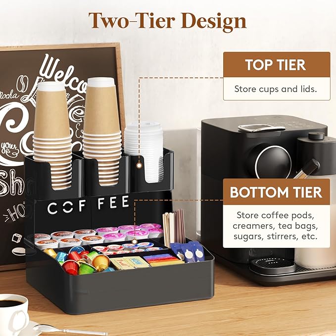 Lifewit 2-tier Coffee Station Organizer Caddy for Countertop, 10 Compartments Coffee Bar Organizers for Cups, Pods, Sugar, Compact Condiment Holders Storage for Office Breakroom Kitchen Home Black
