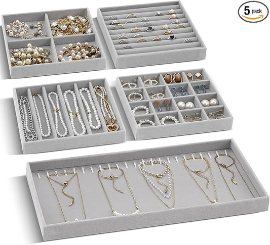 Cinnvoice Set of 5 Stackable Jewelry Organizer Trays for Drawer 14 Inch Velvet Jewelry Drawer Insert Display Storage with Removable Divider for Necklace Earring Ring Watch Bracelet (Gray)