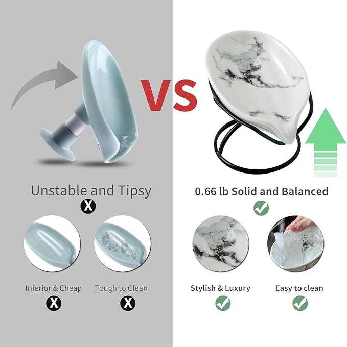 Dobbyby Leaf-Shaped Soap Dish – Premium Ceramic Soap Bar Holder with Self-Drainage System – Bar Soap Holder for Shower, Bathroom Sink, Kitchen – Waterfall Soap Dish with Stainless Steel Stand (Black)