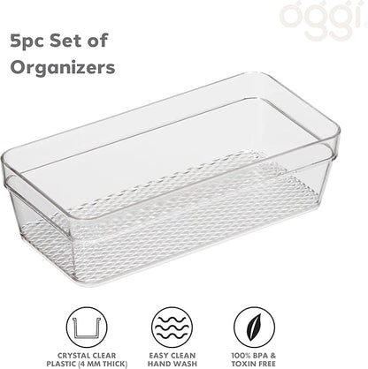 Oggi Set of 5 Clear Drawer Organizers - (1) 3x6.25, (2) 3x9.5, (2) 3x12.5 - Ideal for Organizing Kitchen Drawers, Office, Desk, Silverware, Kitchen Utensils, Cosmetics and Bathrooms