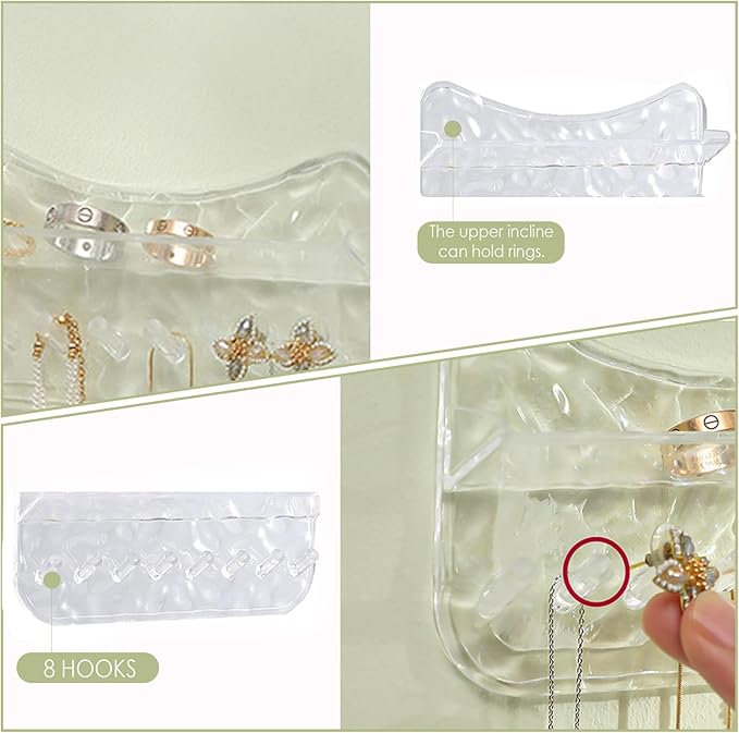 Necklace Holder Wall Mounted, Adhesive Plastic Jewelry Organizer with 8 Hooks – Stylish Necklace Rack, Ideal for Necklaces, Studs, Bracelets, Earrings, and More