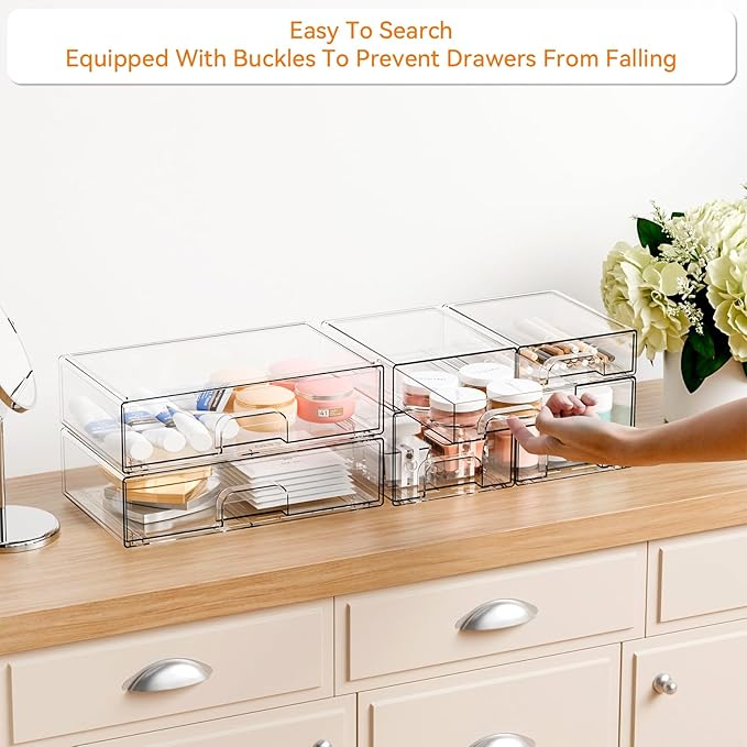 Yieach Clear Stackable Storage Drawers - Set of 6 - Acrylic Drawers,Bathroom Organizer Bin and Plastic Makeup Organizer,Clear Stacking Brightroom Storage Boxes for Vanity,Cabinet,Pantry Organization