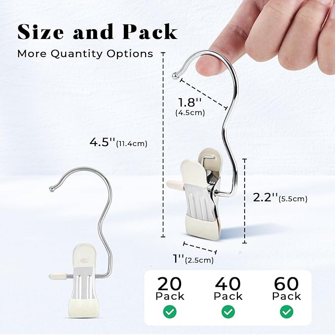 HOUSE DAY Legging and Yoga Pants Hangers with Clips 20 Pack, Closet Organizer Clips, Space Saving Hanging Clips for Hat, Bag, and Home Storage - Ivory