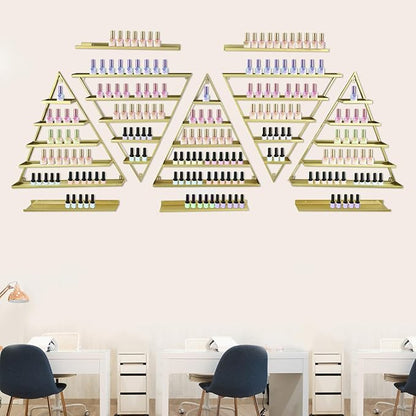 Metal Nail Polish Rack for Nail Salon, 5 Tiers Nail Polish Rack, 10PCS Triangular Perfume Holder, Lipstick Perfume Wall Shelf for Spa Nail Salon Shop Home (Gold)