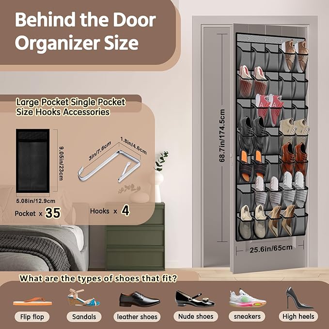 PAULONE 35 Pocket Over the Door Shoe Organizer,Reusable Breathable Large Mesh Bag Men's & Women's Sneaker Organizer,Shoe Organizer for Kids,Hanging Shoe Storage Hanging Bag (2PCS-Gray)