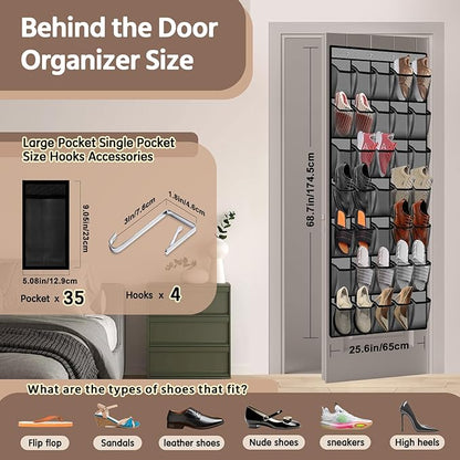 PAULONE 35 Pocket Over the Door Shoe Organizer,Reusable Breathable Large Mesh Bag Men's & Women's Sneaker Organizer,Shoe Organizer for Kids,Hanging Shoe Storage Hanging Bag (2PCS-Gray)