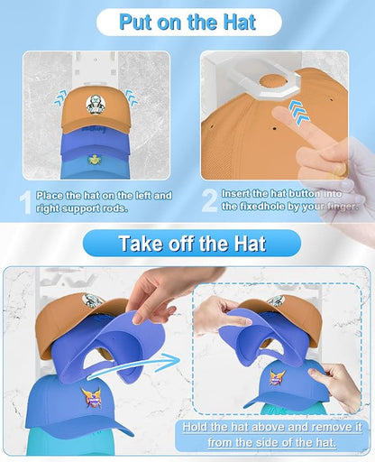 2 Pack Hat Organizer for Baseball Caps, Strong Adhesive Hat Rack for Wall, Multilayer Hat Storage Display Holder for Door Closet, Cap Organizer Storage Wall Mounted Hat Hooks Hold up to 18 Hat (White)
