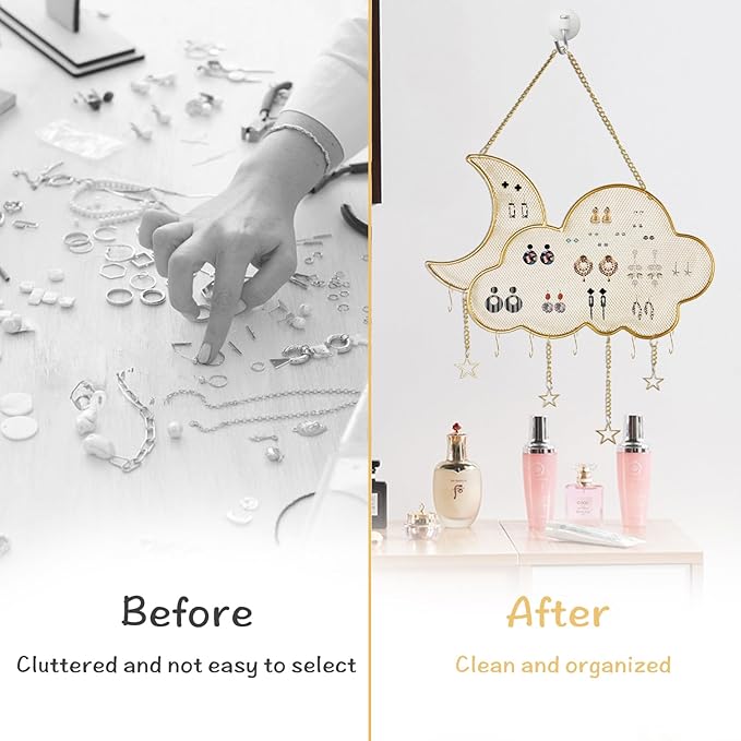 Earring Holder Organizer, Gold Wall Mounted Jewelry Display Stand with 6 Hooks, Metal Hanging Jewelry Rack for Necklace Bracelet Small Grid (Moon Cloud Shape)