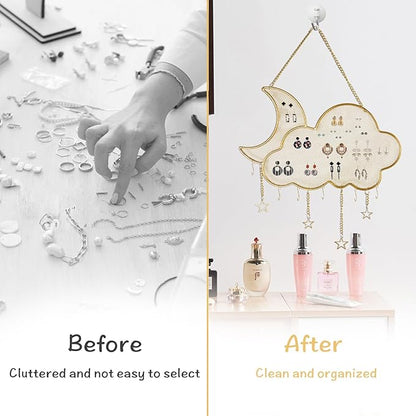 Earring Holder Organizer, Gold Wall Mounted Jewelry Display Stand with 6 Hooks, Metal Hanging Jewelry Rack for Necklace Bracelet Small Grid (Moon Cloud Shape)