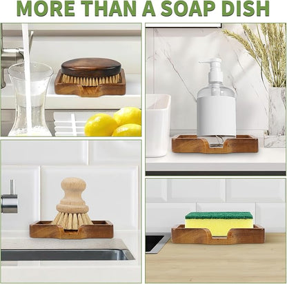 DEBETOOL 2Pack Wood Soap Dish - Natural Wooden Bar Soap Holder with Drain Spout Fast Drying for Shower & Kitchen Sink, Bathroom Sponge Holder with Tray（Waterproof）