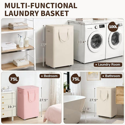 Goodpick White Laundry Basket with Wheels, 75L Rolling Laundry Hamper for Bedroom Bathroom, Foldable Large Clothes Hamper with Lid and Removable Wash Bag, 16.5" x 12.5" x 27.5"