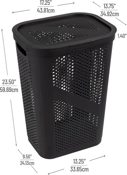Mind Reader Slim Laundry Hamper with Lid, 60L Clothes Basket, Ventilated Plastic, Black