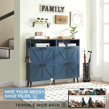 Barnyatoh Shoe Storage Cabinet,Farmhouse Shoe Organizer with 4 Flip Drawers & Barn Door Design,Freestanding Hidden Slim Narrow Shoe Rack Cabinet with Open Shelves for Entryway,Foyer,Hallway,Navy Blue