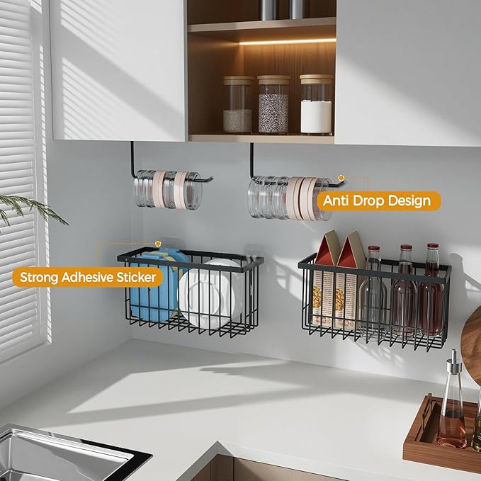 4 Pack Adhesive Cabinet Door Organizer - Tumbler Lid Organizer & Kitchen Storage baskets for Kitchen, Bathroom, Inside Cabinet Door Storage for Cup Lids, Spices, Small Supplies, Space-Saving (Black)