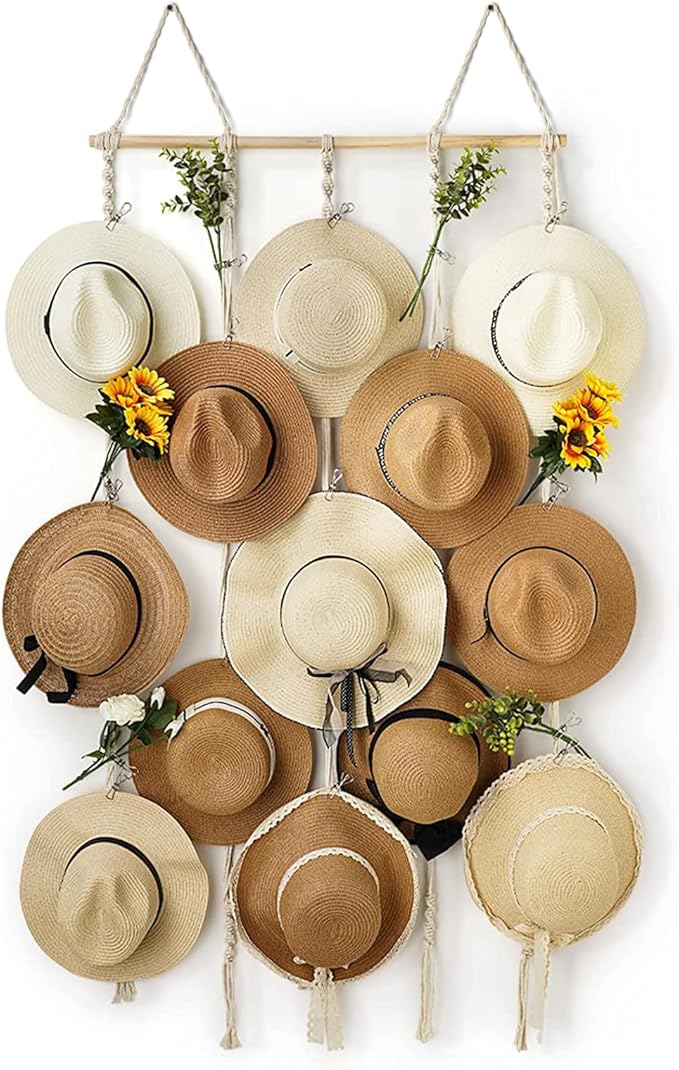 Macrame Hat Rack for Wall 31x66 in Hat Organizer with 15 Clips Hanging Hat Hanger Holder for Women Wide Brimmed Hat Storage for Fedora Boho Decorative Display
