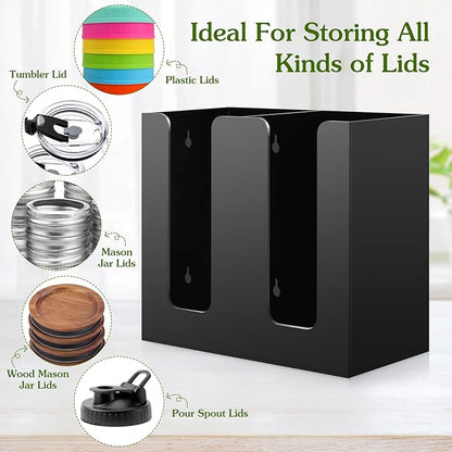 Black Mason Jar Lid Organizer (Wide Mouth & Regular Mouth) 2 Compartment Cup Dispenser Organizer Ball Jar Wooden Storage Accessories for Kitchen Coffee Tumbler Lids, Fit Mason/Canning/Bamboo Lids