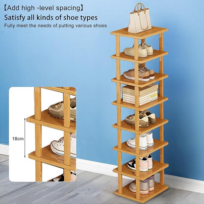Vertical Shoe Rack, Wood Narrow Shoe Rack, Small Shoe Organizer, Space Saving Corner Shoe Shelf, Tall Shoe Tower, Free Standing Shoe Rack for Entryway, Closet, No-Tool Need 7 Tiers