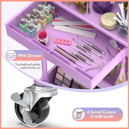 SUNALLY Makeup Cart Organizer with Drawers, 4 Tier Floor Skincare Organizers for Vanity, Rolling Makeup Bathroom Storage Cart Cosmetics Display Cases for Skin Care Perfume Nail Polish, Purple