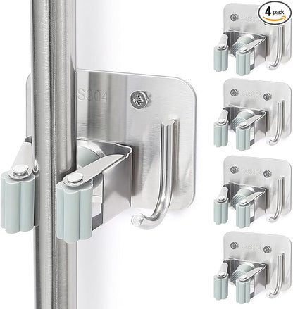Broom Holder Wall Mount Screw Drilling, Sturdy Heavy Duty Stainless Steel Mop Gripper Rack Perforated, Perfect for Laundry Room Organizer, Fit with Laundry Kitchen Garage Garden Storage System