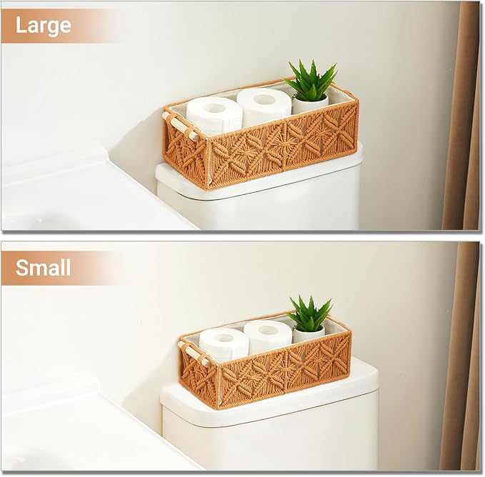 Nonam Macrame Storage Baskets, Boho Decor Style Woven Storage Boxes for Home Organization, Toilet Tank Shelf Cabinet Organizer Baskets,Set of 2,Brown