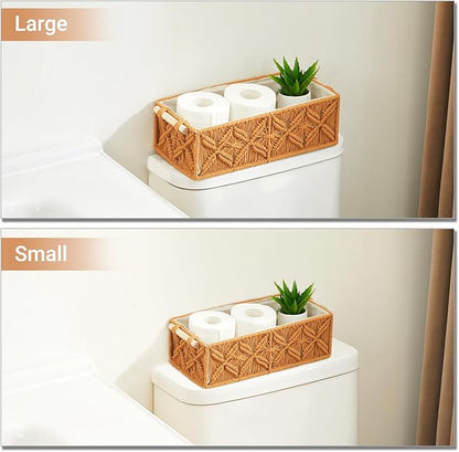 Nonam Macrame Storage Baskets, Boho Decor Style Woven Storage Boxes for Home Organization, Toilet Tank Shelf Cabinet Organizer Baskets,Set of 2,Brown