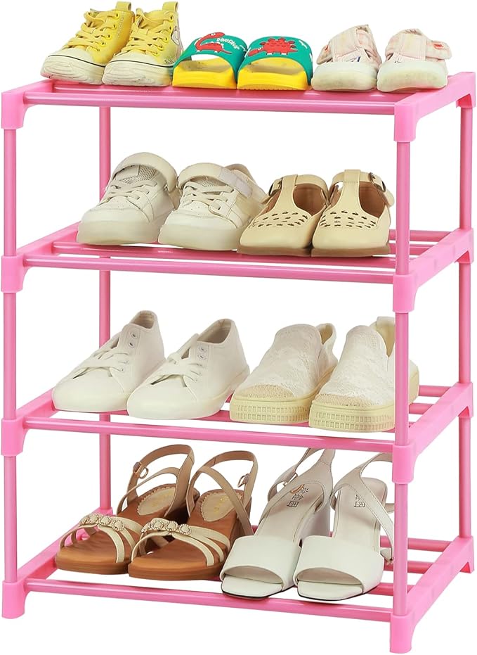 HITHIM 4-Tier Free Standing Shoe Racks for 6-8 Pairs Shoe Storage,Kids Shoe Racks for Small Place,Lightweight Stackable Shoe Shelf Organizer for Entryway, Doorway and Closet,Pink