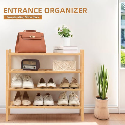 4 Tier Bamboo Shoe Rack Storage Organizer for Closet, Multifunctional Stackable Free Standing Shoe Shelf Organizer for Small Space,Entryway,Hallway,Bathroom 27"x11"x26"(Natural, 4 Tier)