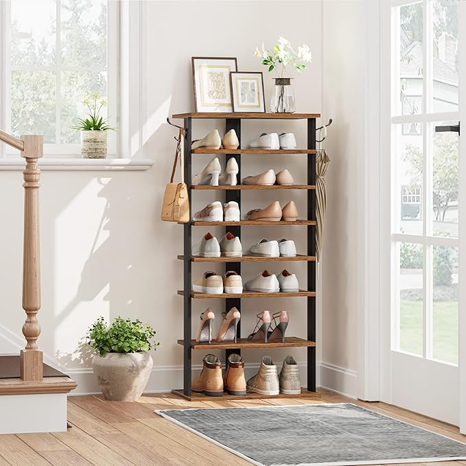 HOOBRO 8 Tiers Vertical Shoe Rack, Wooden Shoe Storage Organizer with Hooks, Narrow Shoe Tower for 16 Pairs, Space Saving, for Entryway, Living Room, Bedroom, Rustic Brown BF750XJ01