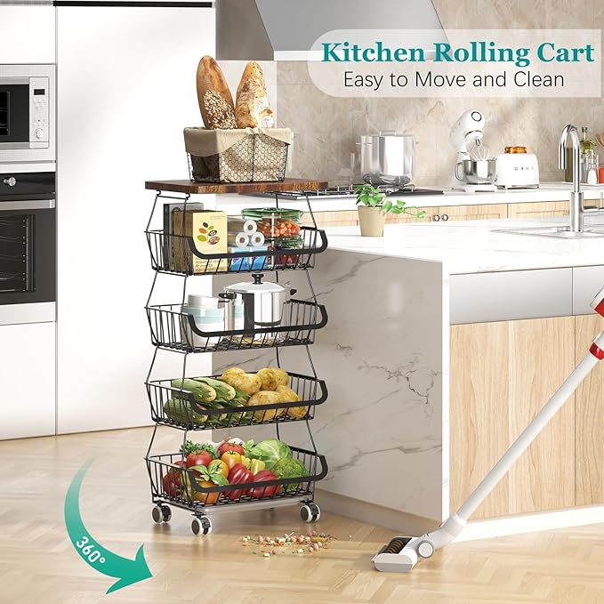 CHLORYARD Fruit Basket with Wooden Lid for Kitchen, 5-Tier Stackable Wire Fruit Vegetable Storage Basket Organizer Stand on Wheel, Produce Basket Potato Onion Storage Bins Rack Cart for Pantry
