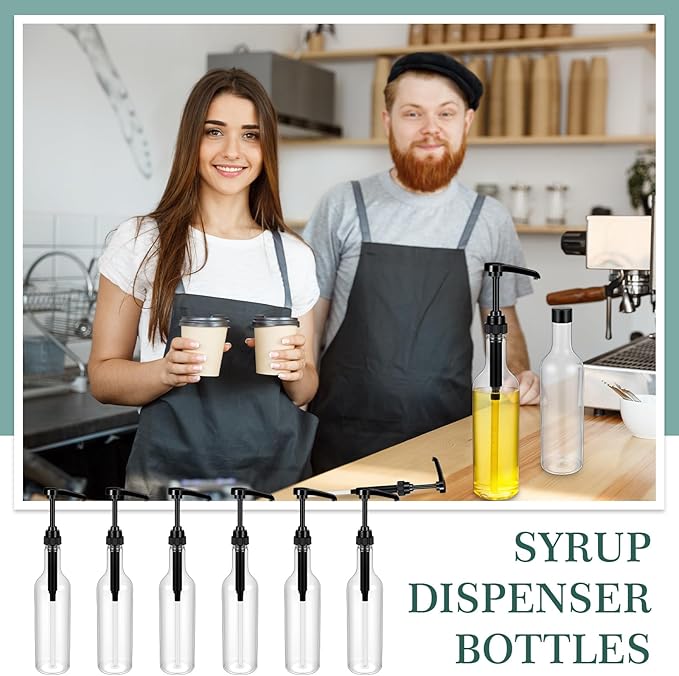 Maxdot 6 Pcs 25 oz Syrup Bottles with Pump Long Neck Bottles Plastic Syrup Pump Dispenser for Coffee Bar Accessories Home Party (Black)