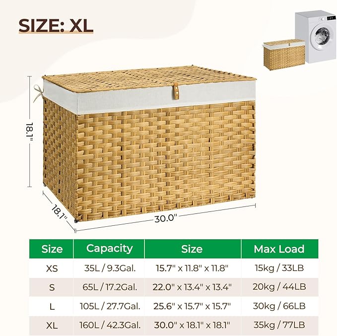 GREENSTELL Storage Basket with Lid, 42.3 Gallon(160L) Lagre Wicker Blanket Storage Basket with Handles, Foldable, 2 Removable Liner Bags, Metal Frame, for Bedroom, Laundry Room, Brown,30"*18.1"*18.1"
