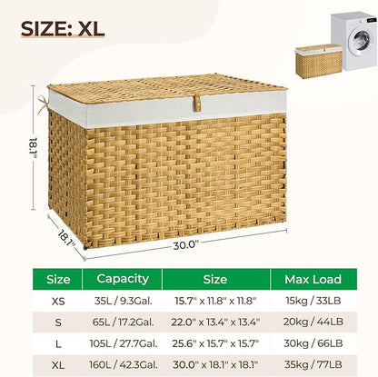 GREENSTELL Storage Basket with Lid, 42.3 Gallon(160L) Lagre Wicker Blanket Storage Basket with Handles, Foldable, 2 Removable Liner Bags, Metal Frame, for Bedroom, Laundry Room, Brown,30"*18.1"*18.1"