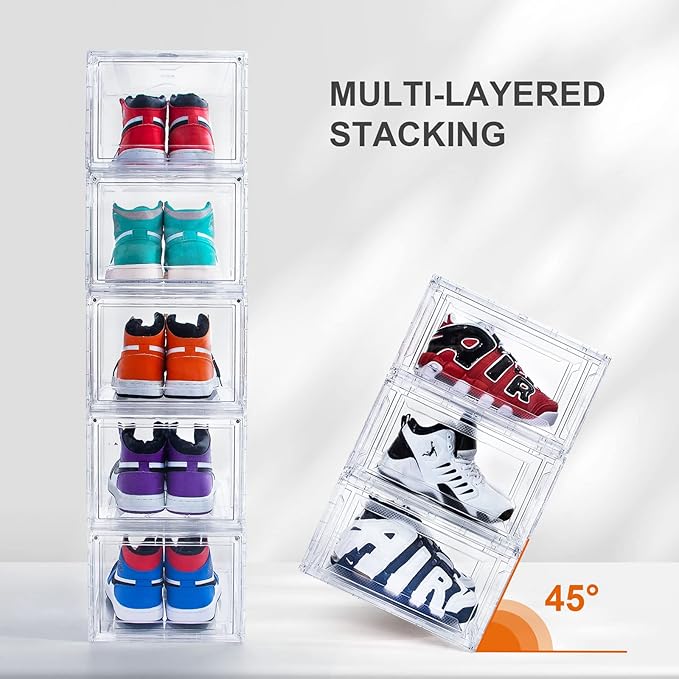 6 Pack Shoe Boxes Clear Stackable, Large Shoe Storage Boxes, Space Saving Acrylic Shoe Boxes, Foldable Shoe Container Boxes that Fits Up to Size 14 Shoes (10 Pack Transparent)